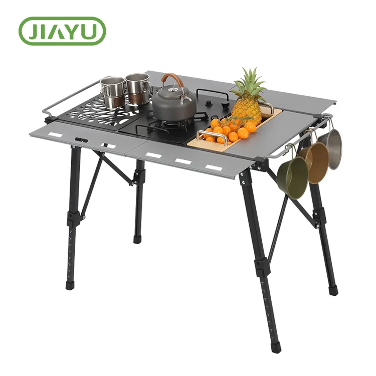 Mesa de acampamento elevada e rebaixada com fogão